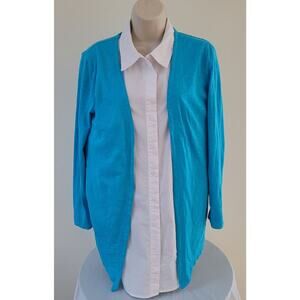 CHICOS Open-front, Long sleeve, Robin-egg blue, 2 pockets, Knit Cardigan-Sz 0/Sm